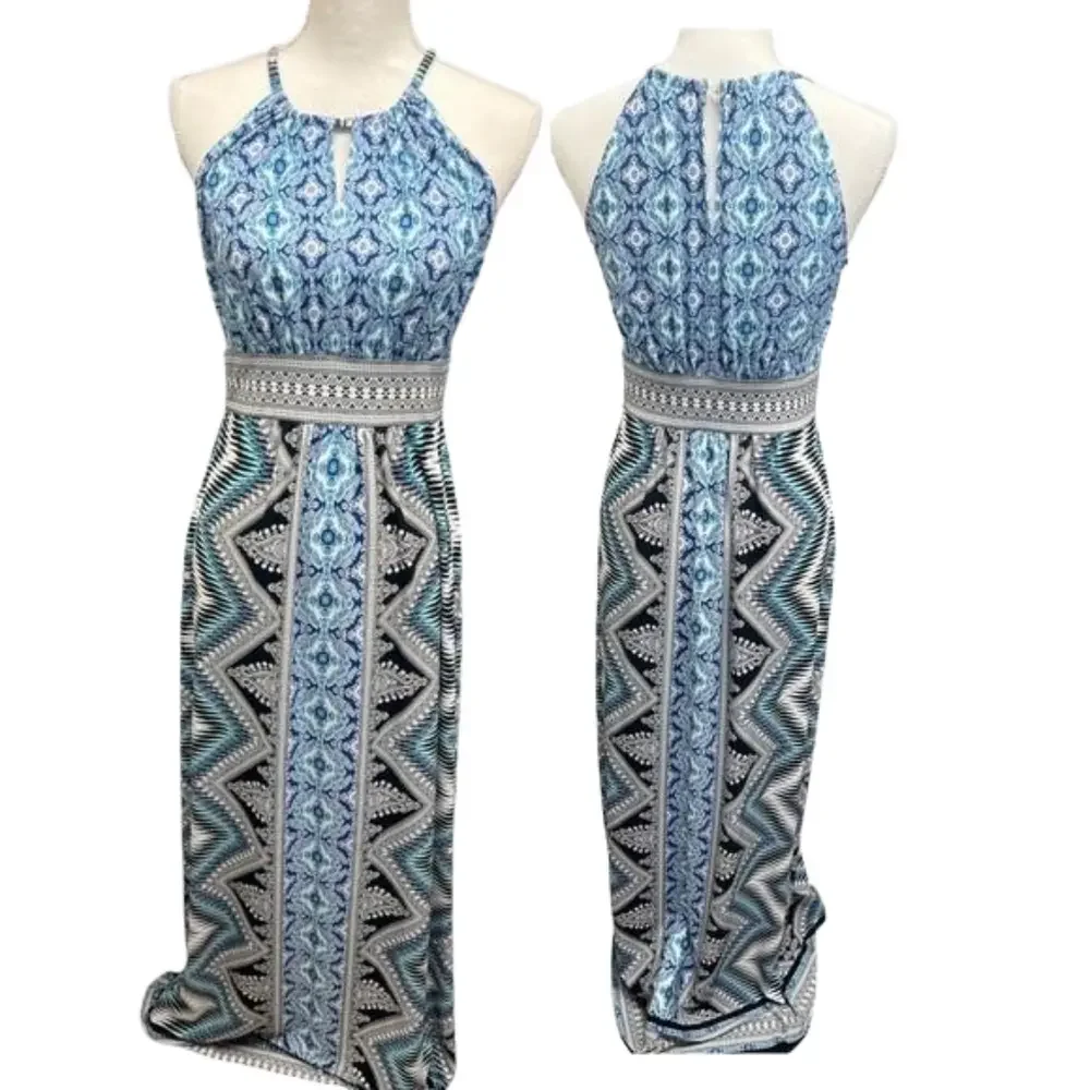 Free People Maxi Halter Dress Sleeveless Column Dress Blue, White & Black Sz  S - Picture 1 of 10